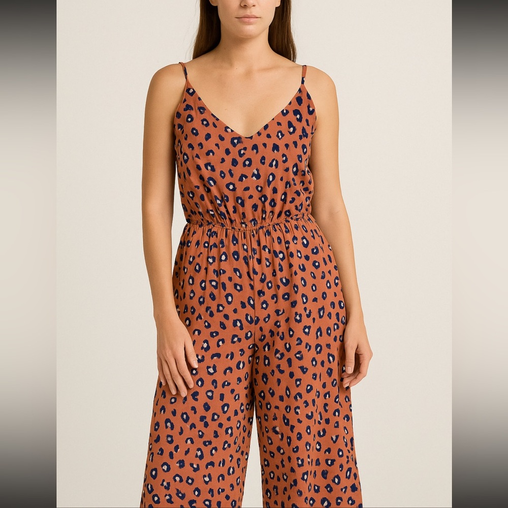Leela & Lavender Leopard Animal Print Cropped Wide Leg Jumpsuit Spring Vacation